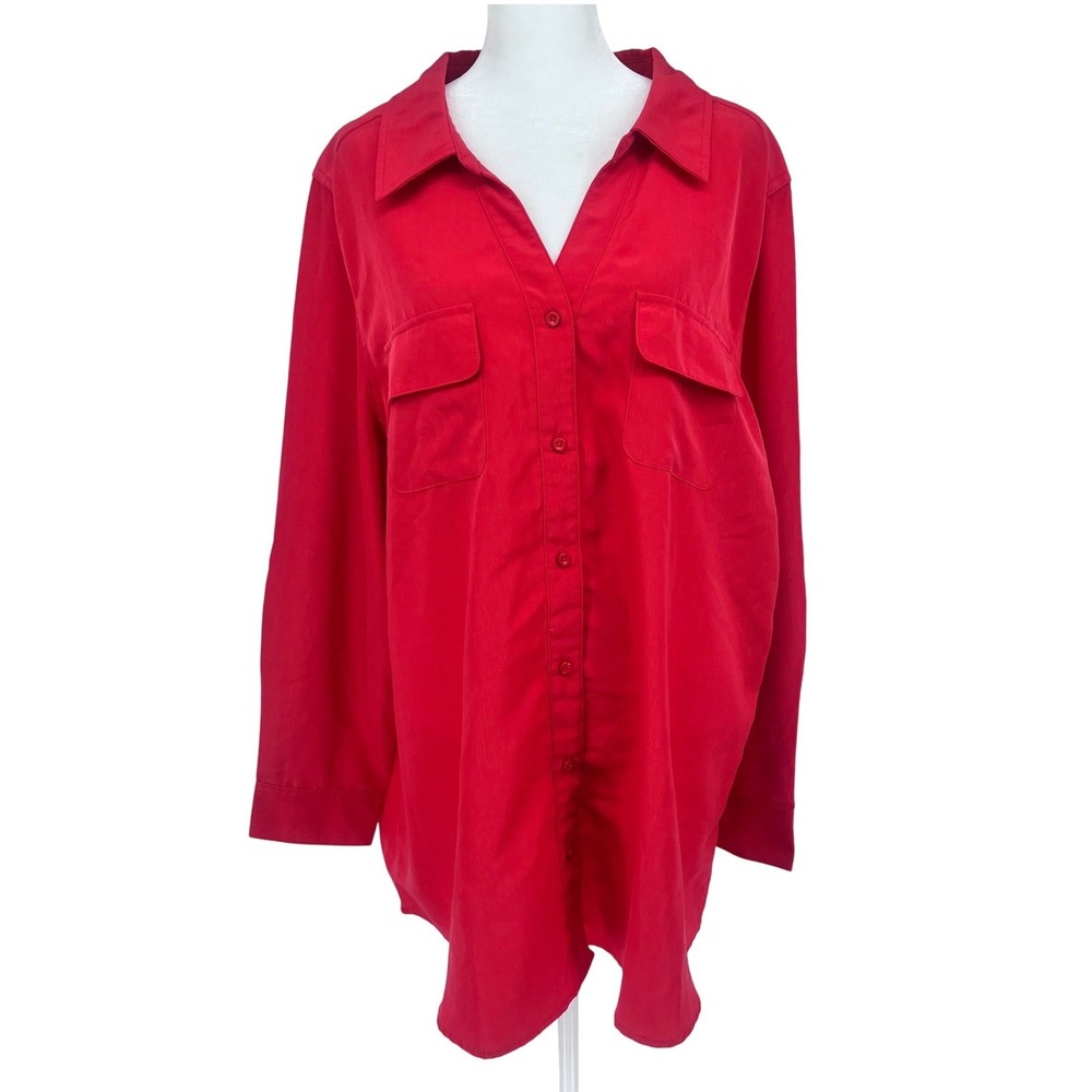 d&co Denim & Company Women's Red Button Down‎ Shirt Size 2X Long Sleeve Pockets